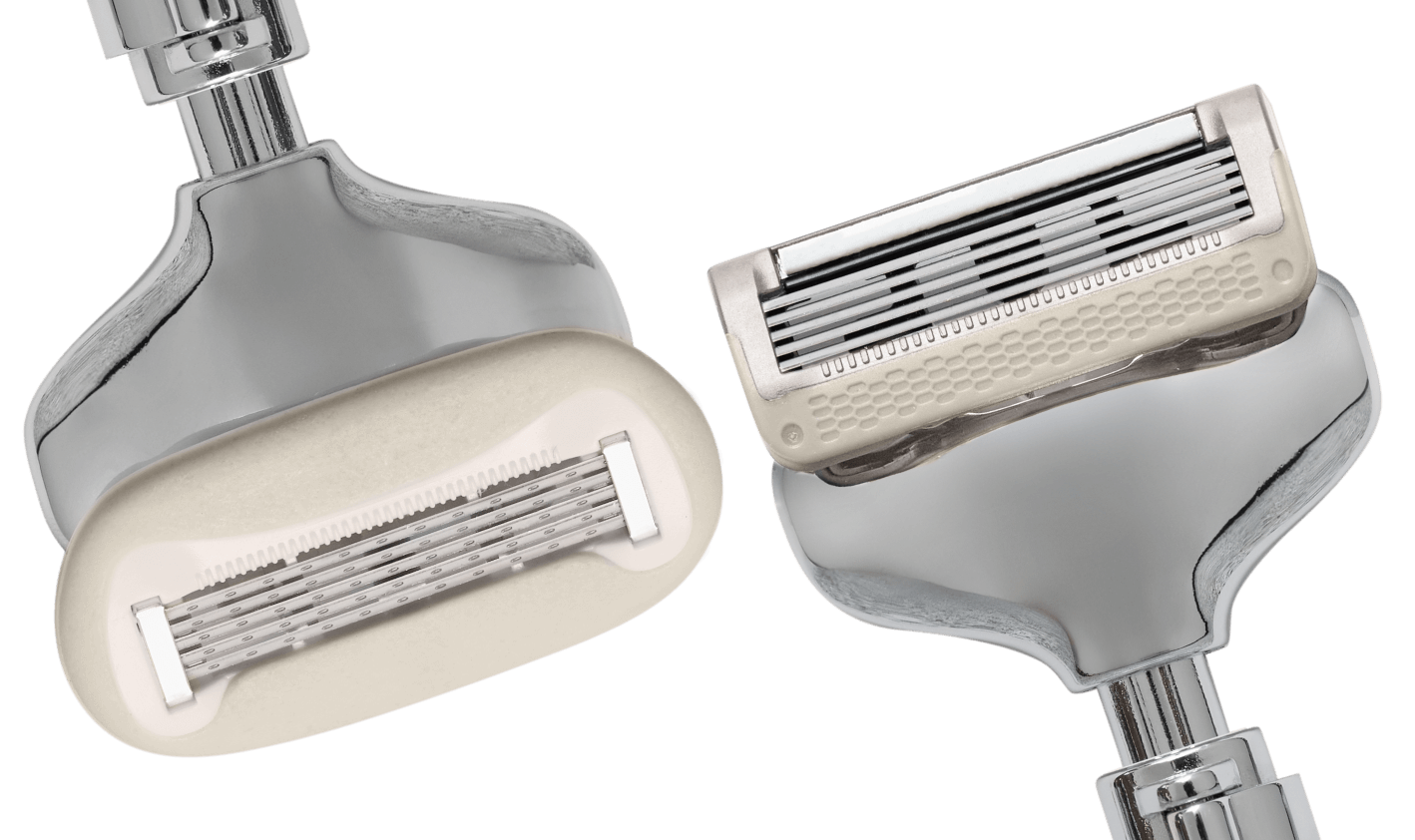 Two razors with beige and silver heads on a white background
