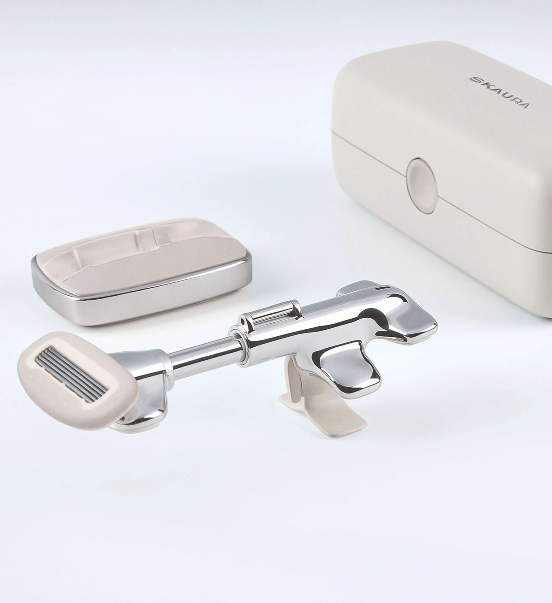 Silver hair clip and case on a white background