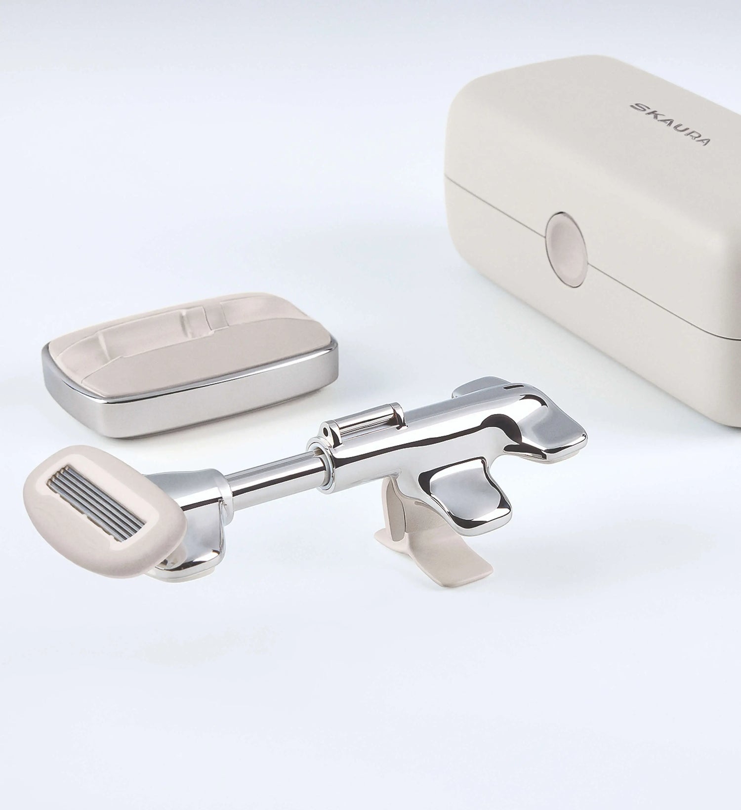 Silver hair clip and case on a white background